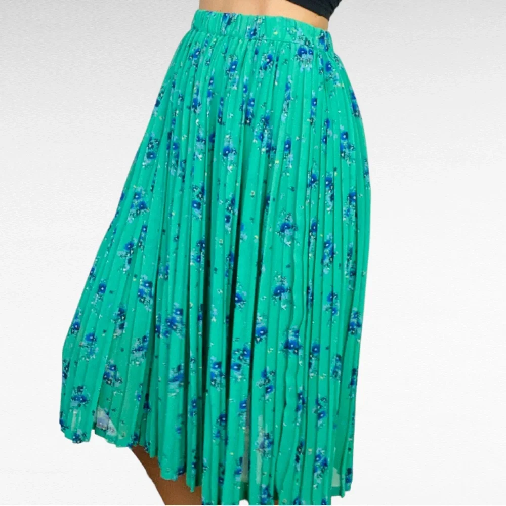 NEXT | Coastal Green Blue Floral Print Pleated High Waist A-Line Midi Skirt